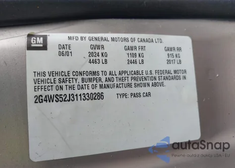 2001 Buick Century Custom from USA, damaged, VIN 2G4WS52J311330286